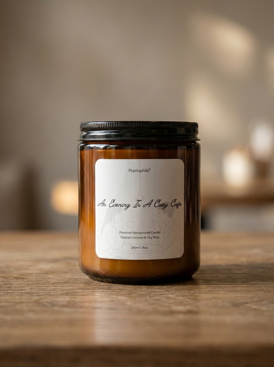 Pluviophile Premium Scented Candle – An Evening In A Cozy Cafe | Handpoured Coconut & Soy Wax | Vegan | 240ml/8oz