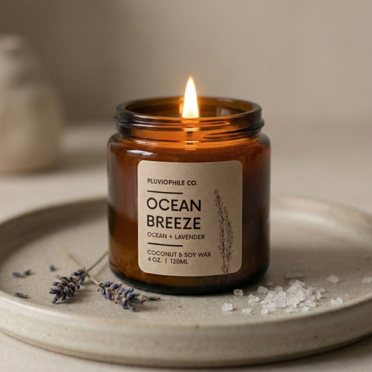 Ocean Breeze – Pluviophile Vegan Hand‑Poured Candle (Coconut & Soy Wax, 120 g)