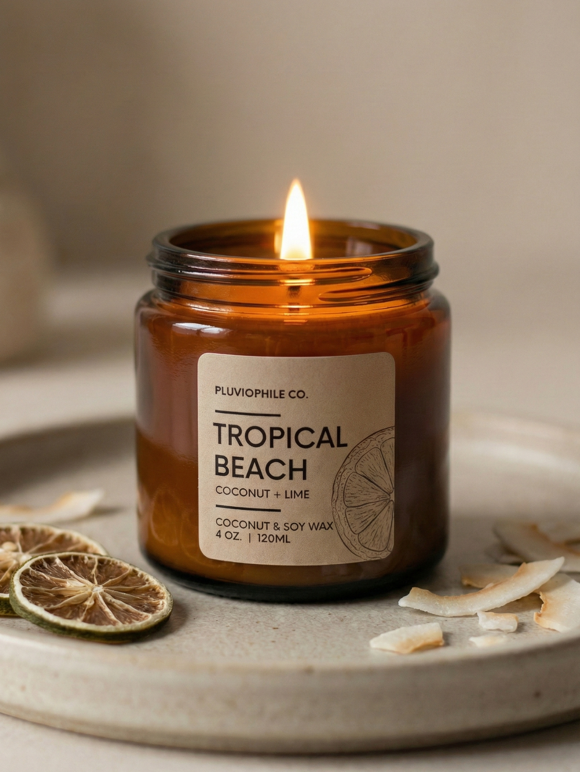 Tropical Beach – Pluviophile Vegan Hand‑Poured Candle (Coconut & Soy Wax, 120 g)