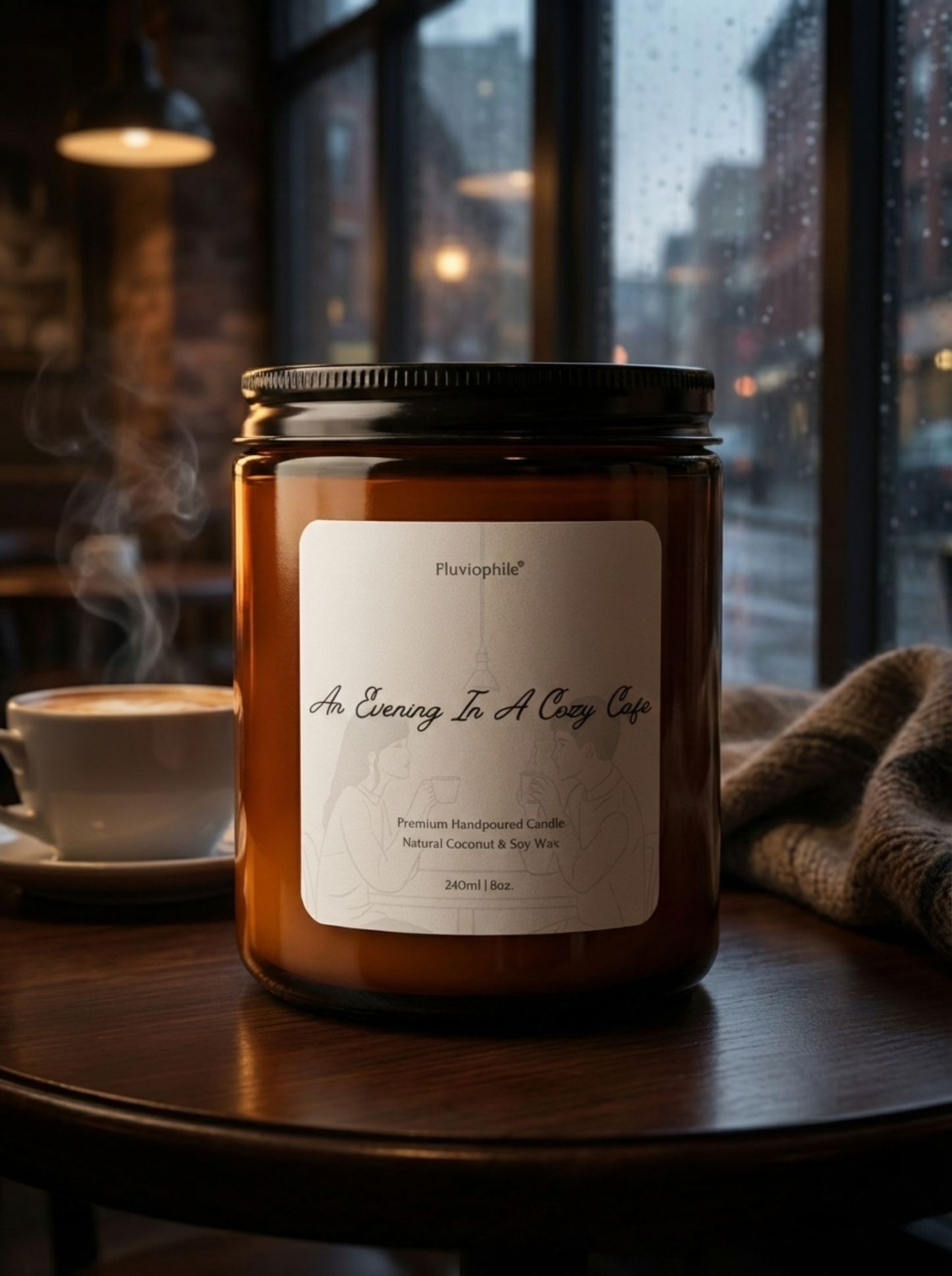 Pluviophile Premium Scented Candle – An Evening In A Cozy Cafe | Handpoured Coconut & Soy Wax | Vegan | 240ml/8oz