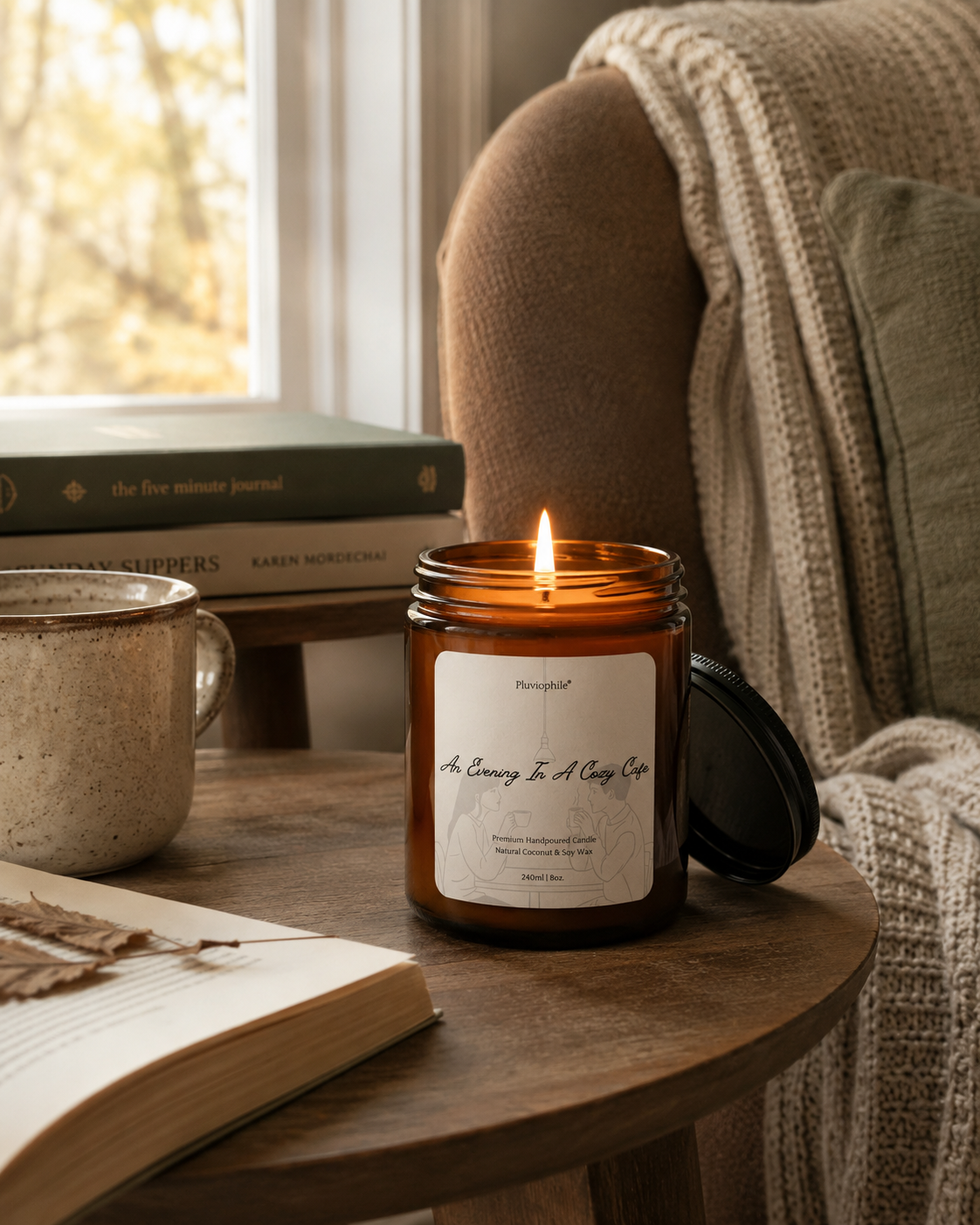 Pluviophile Premium Scented Candle – An Evening In A Cozy Cafe | Hand-poured | Coconut & Soy Wax | Vegan | 240ml/8oz(Introductory Price)