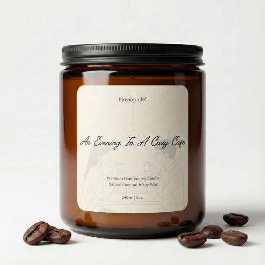 Pluviophile Premium Scented Candle – An Evening In A Cozy Cafe | Hand-poured | Coconut & Soy Wax | Vegan | 240ml/8oz(Introductory Price)