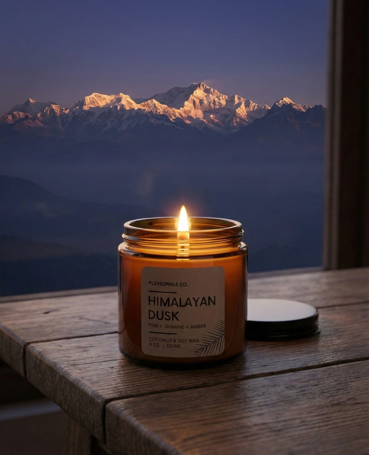 Himalayan Dusk – Pluviophile Vegan Hand‑Poured Candle (Coconut & Soy Wax, 120 g)