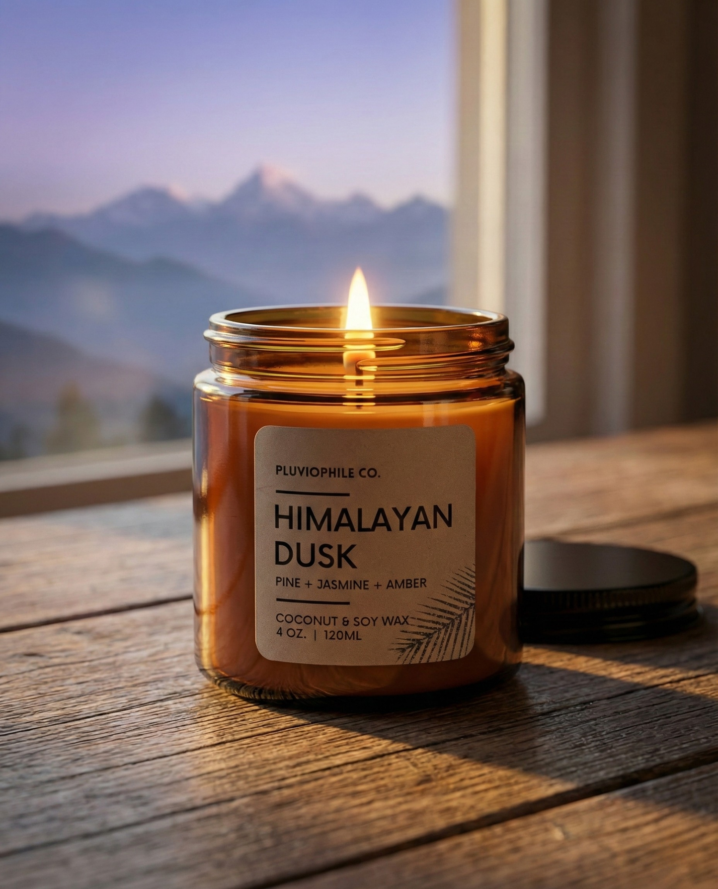 Himalayan Dusk – Pluviophile Vegan Hand‑Poured Candle (Coconut & Soy Wax, 120 g)