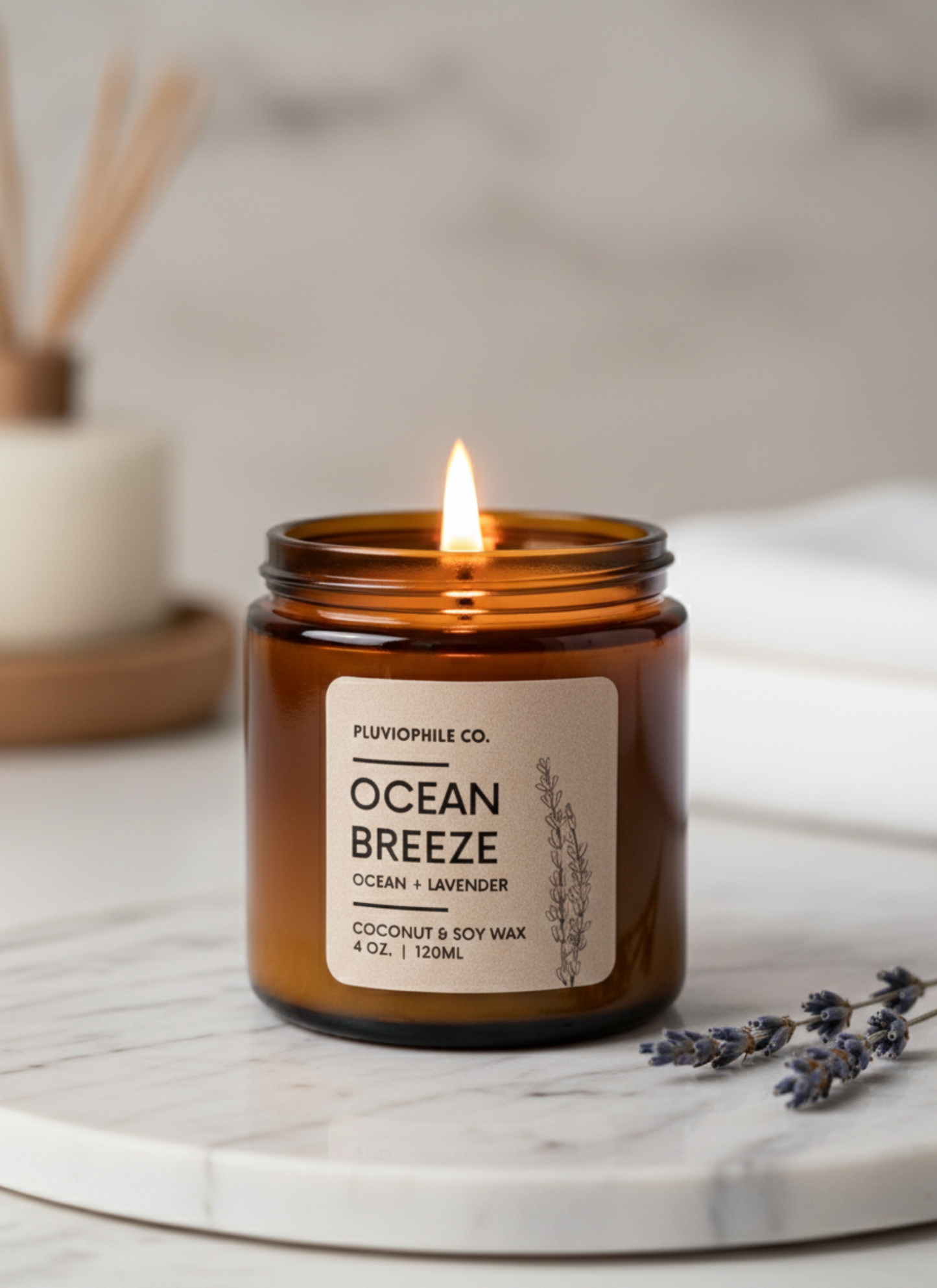 Ocean Breeze – Pluviophile Vegan Hand‑Poured Candle (Coconut & Soy Wax, 120 g)