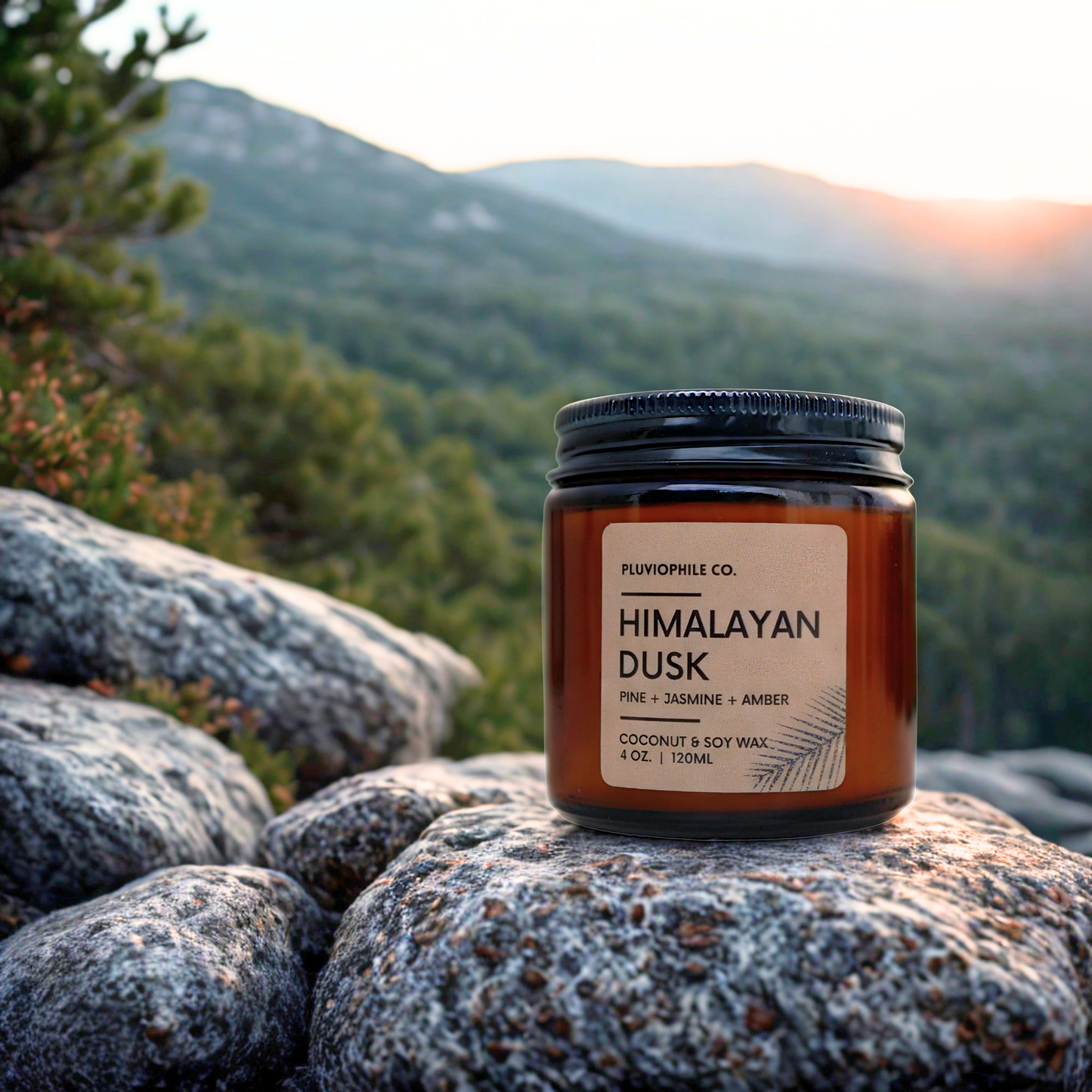 Sweet and woody Himalayan Dusk candle styled with natural elements