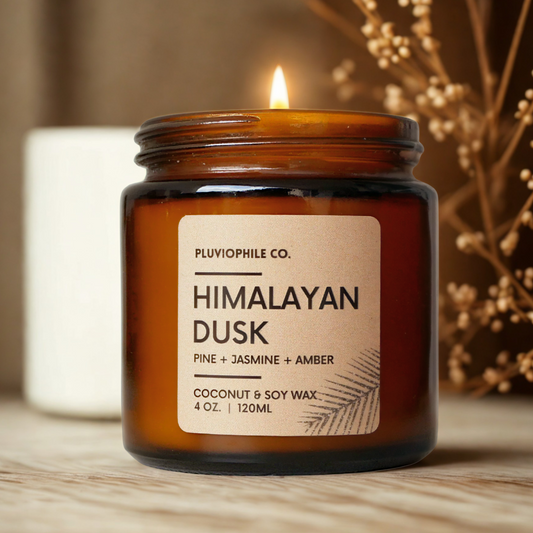 Sweet and woody Himalayan Dusk candle styled with natural elements