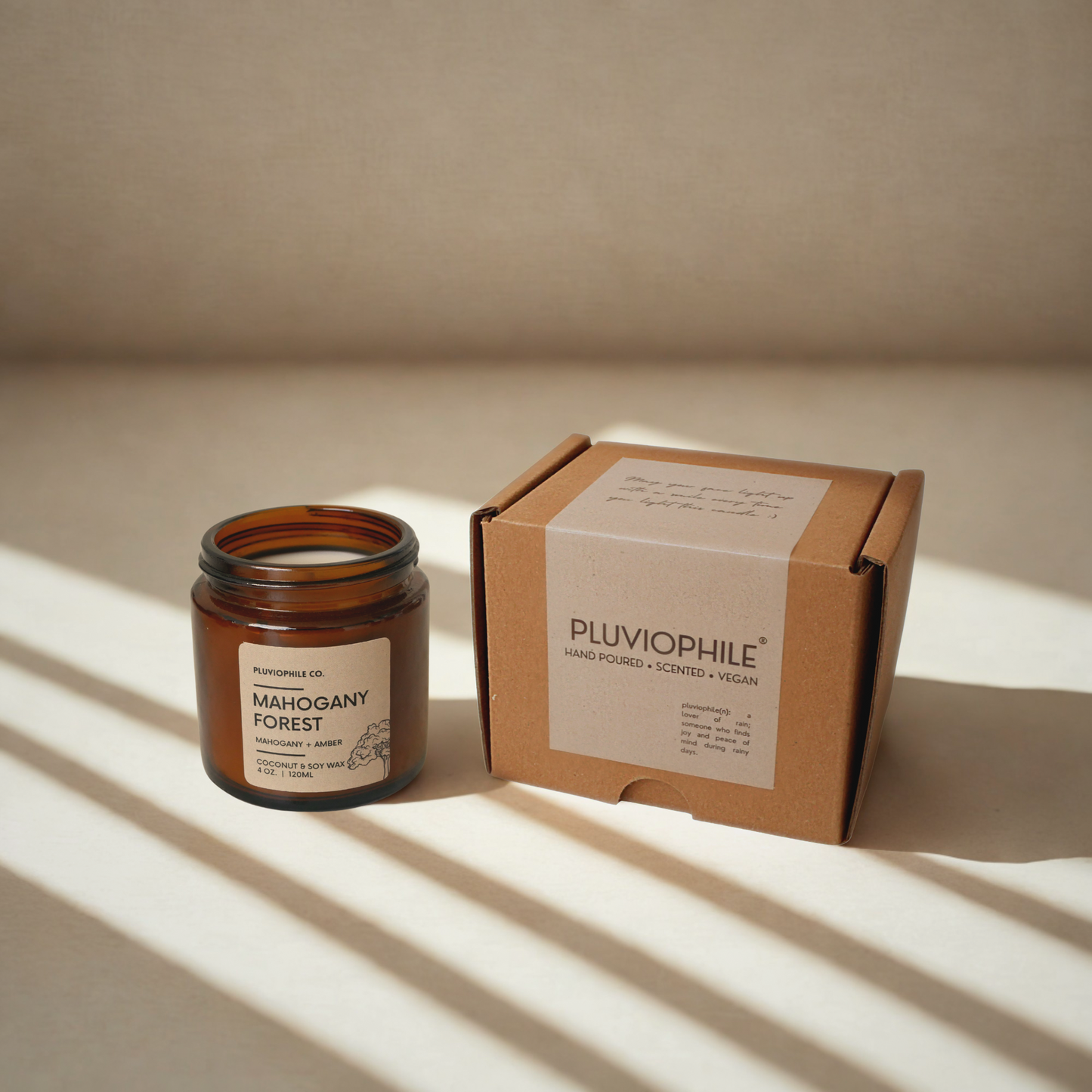 Pluviophile Mahogany Forest candle packaging