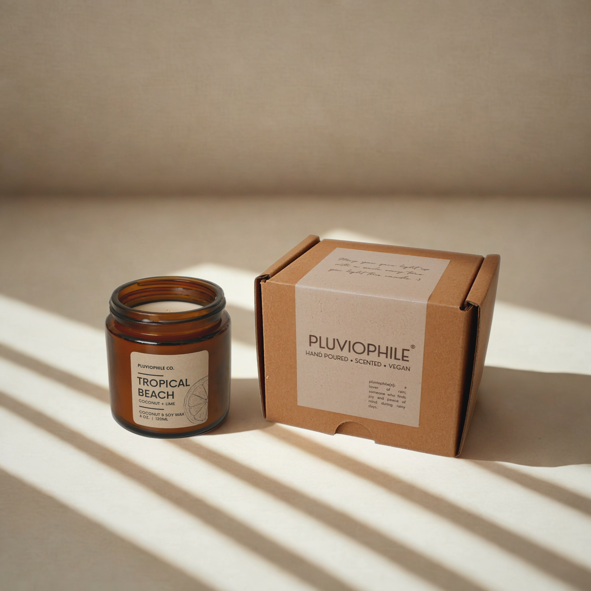 Pluviophile Tropical Beach candle packaging